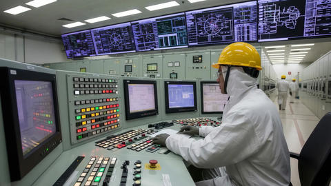 In a nuclear power plant's control room, an engineer in safety gear manages operations, overseeing