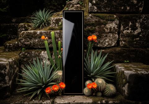 Black display panel mockup surrounded by cactus and agave plants on mossy stone steps