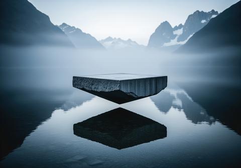 Minimalist floating concrete platform over reflective water in a misty mountain landscape