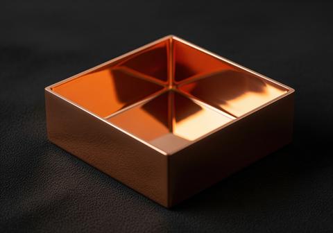 Polished reflective copper square box with geometric interior on black background