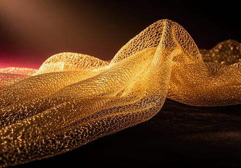 Abstract conceptual photograph of shimmering gold mesh fabric draped in elegant curves