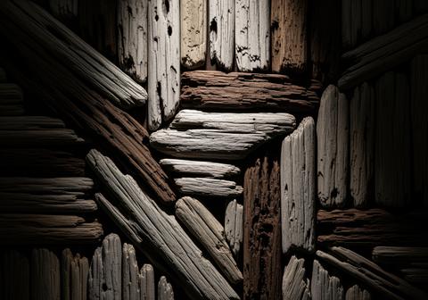 Highly textured mosaic wall panel featuring reclaimed weathered driftwood pieces