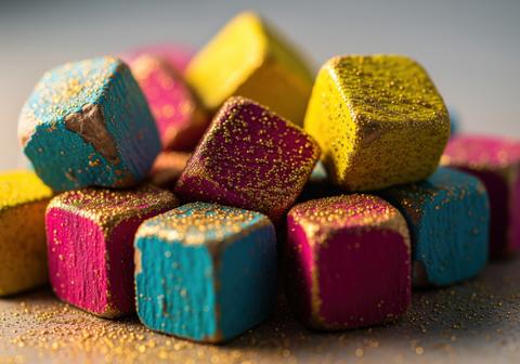 Vibrant wooden cubes painted cyan magenta and yellow dusted with golden glitter