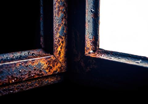 Dramatic macro view of a wet, heavily rusted metal frame corner texture with water drops