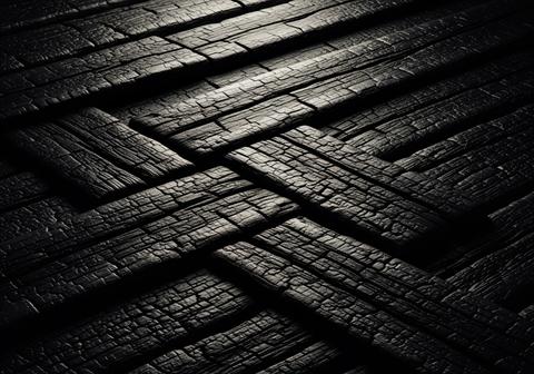 Dramatic abstract texture of dark charred wood planks arranged diagonally