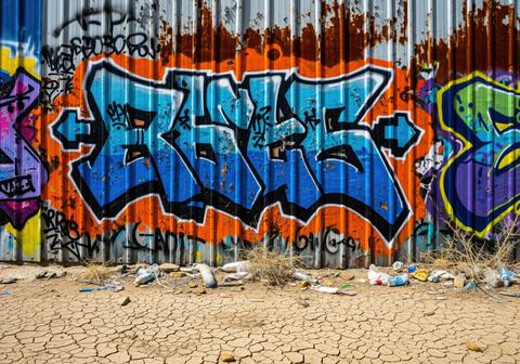 Vibrant graffiti art on a rusty corrugated metal wall above cracked dry earth and trash