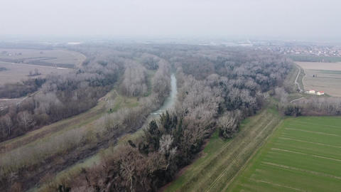 cereal crop field narrow Reno river, drone view