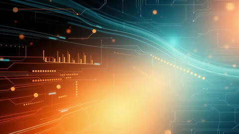 Glowing futuristic abstract technology background with golden orange light rays and digital motion