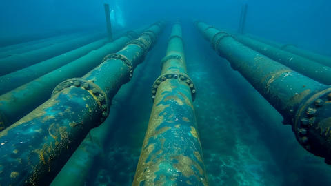 A view of a submerged underwater pipeline, showing its construction and the challenges of marine