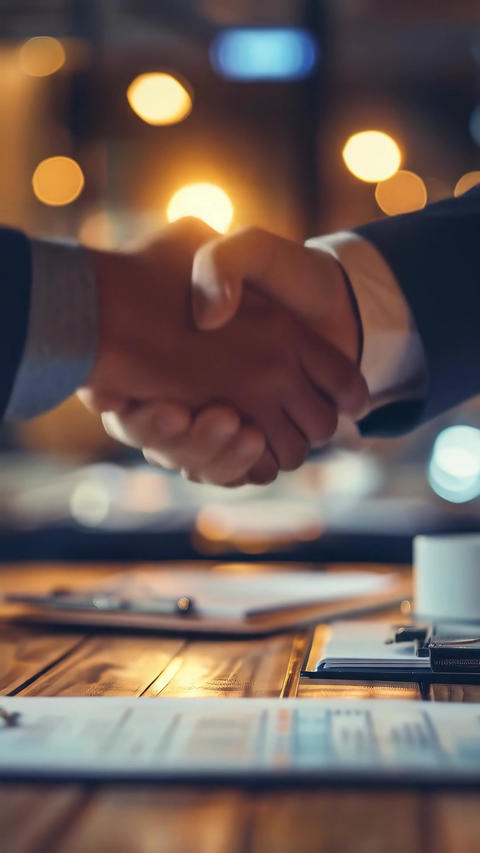 Businessmen sealing a deal with a handshake over documents on a table signifies agreement.