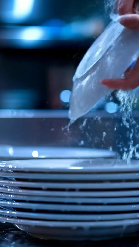 Washing dishes focuses on cleanliness, as hands rinse each plate with water, ensuring hygiene and