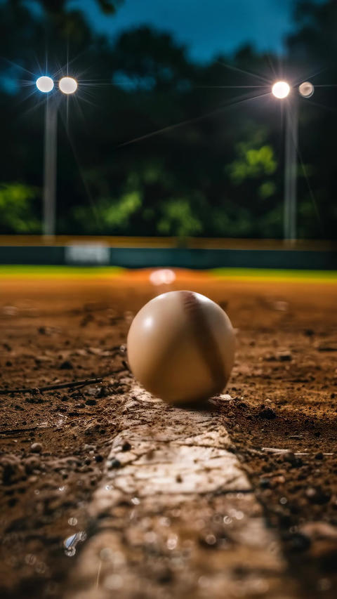 Night baseball close-up: a ball rolls on the foul line, capturing the game's intensity and stadium
