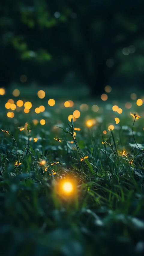 Magical fireflies illuminate a lush, green meadow at twilight, their ethereal glow creating a