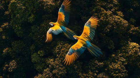 Two majestic macaws gracefully fly above the lush jungle canopy, showcasing the vibrant colors of