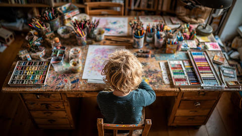 Child artist at paint-splattered desk, absorbed in artwork. Brushes and palettes surround them,