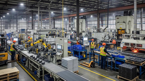 Inside a busy factory, workers oversee automated production lines. Machinery and assembly lines