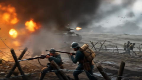 World war i battle scene with soldiers, trench warfare, explosions, and tanks