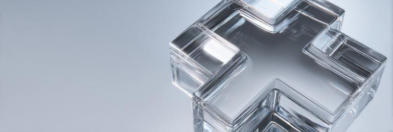Floating Glass Medical Cross Representing Clarity and Health in an Abstract