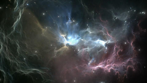 Flying through nebula and star fields after the supernova explosion in deep space