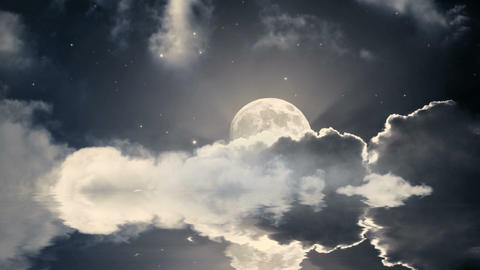 Starry night sky with clouds and full moon. Water reflection effect
