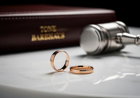 Rose gold wedding rings and judge gavel symbolizing divorce and legal separation on marble surface