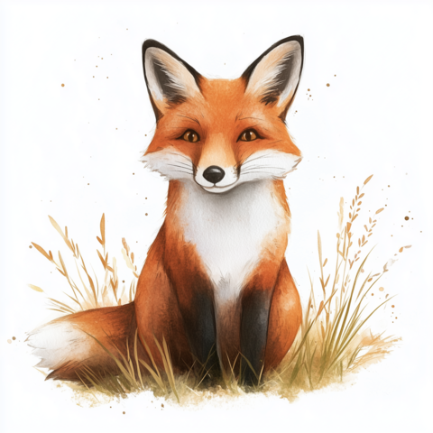 Watercolor illustration of a fox sitting foxes isolated on a white background
