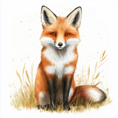 Watercolor illustration of a fox sitting foxes isolated on a white background