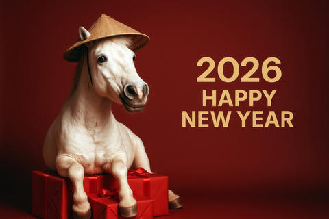 Chinese New year horse wearing straw hat on red background