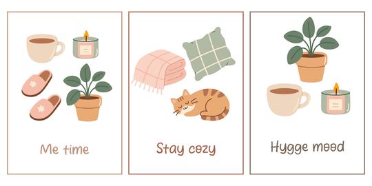 Set of cozy hygge posters with tea, candle, plant, blanket, pillow, slippers and cat