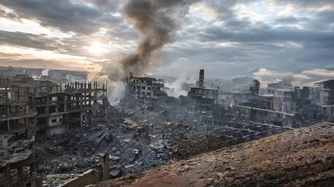 Destroyed city showing war destruction and conflict aftermath
