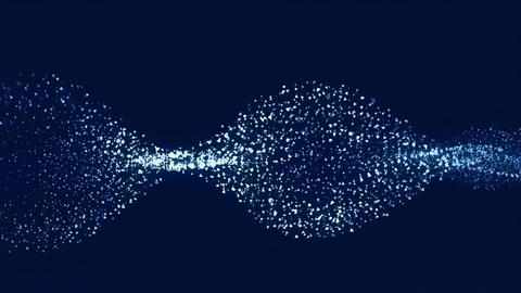Abstract glowing blue particle wave flowing horizontally across a dark digital black background