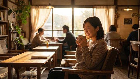 Japanese Woman Enjoying Coffee in a Cozy Cafe – Cinematic Natural Light Scene