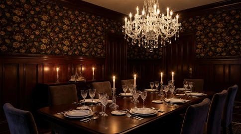 Luxury Dining Room Crystal Chandelier Formal Setting Interior