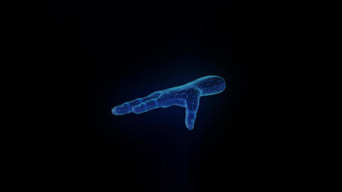 Holographic projection of hand rotates on black background for overlay