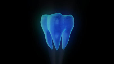 Blue holographic projection of human tooth rotates on black background for overlay