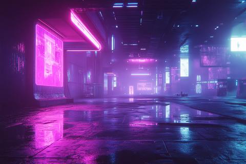 Cyberpunk inspired urban scene with glowing neon lights reflecting on wet pavement