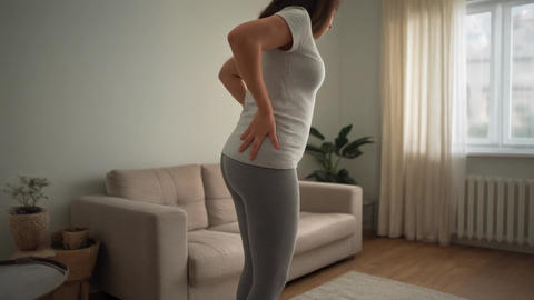 A woman is experiencing lower back pain, holding her hand to her hip and grimacing slightly