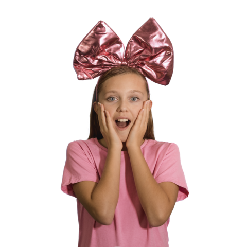 Girl wearing a large carnival bow on her head Transparent background, pink clothes