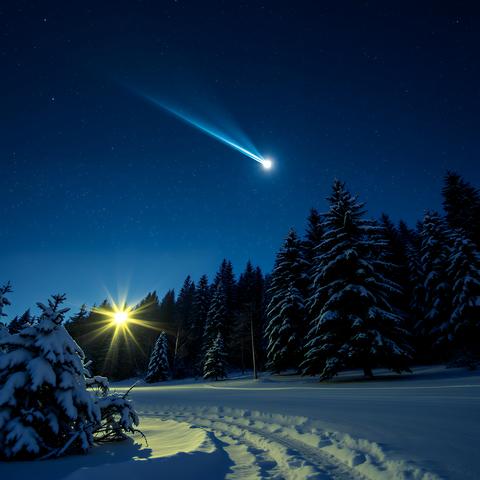 Christmas night the first star lit up in the winter forest with snow and the night starry sky