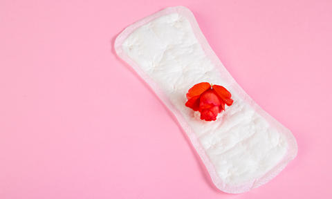 Sanitary pad and red flower on pink background. Menstruation concept