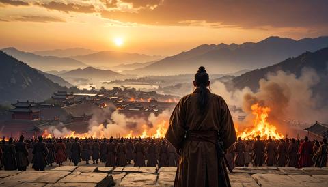 孫子の兵法 古代中国の燃え盛る戦場を見つめる軍師の男性