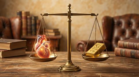 Balance Scale Weighing Red Heart Against Gold Bar Wealth Health Concept