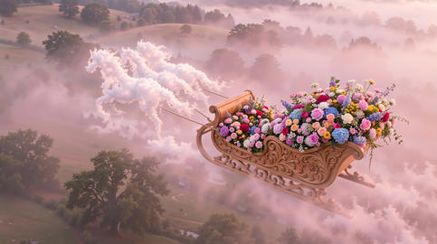 Aerial View of a Carved Wooden Sleigh with Flowers Pulled by Cloud Horses in Pink Mist