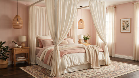 Blush Pink Bedroom Interior with Canopy Bed and Linen Curtains