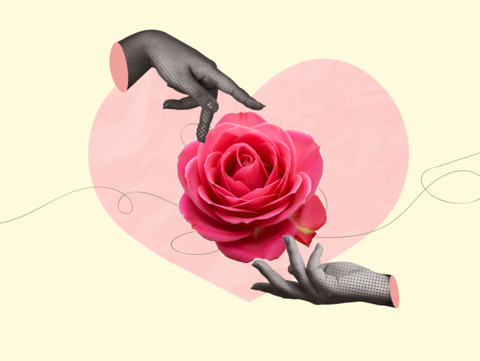 Romantic love expressed through hands presenting a rose. Vector illustration