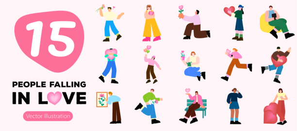 Love and romance depicted through diverse couples. Vector illustration