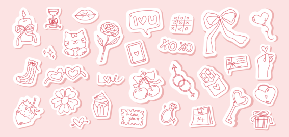 Valentine Day celebration stickers with romantic symbols. Vector illustration