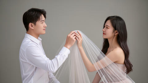 Young Asian couple holding wedding veil on neutral background