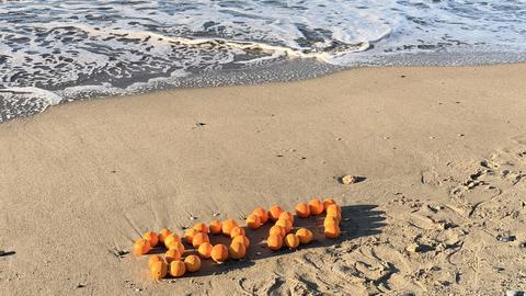 Oranges, New Year's decorations on the beach. Christmas by the sea