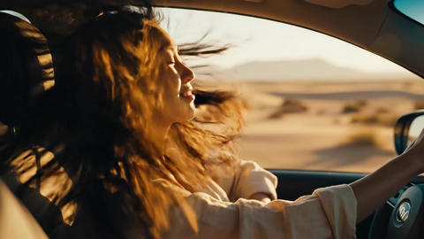 Young Asian Woman Driving Car with Wind in Hair in Desert Sunset Slow Motion